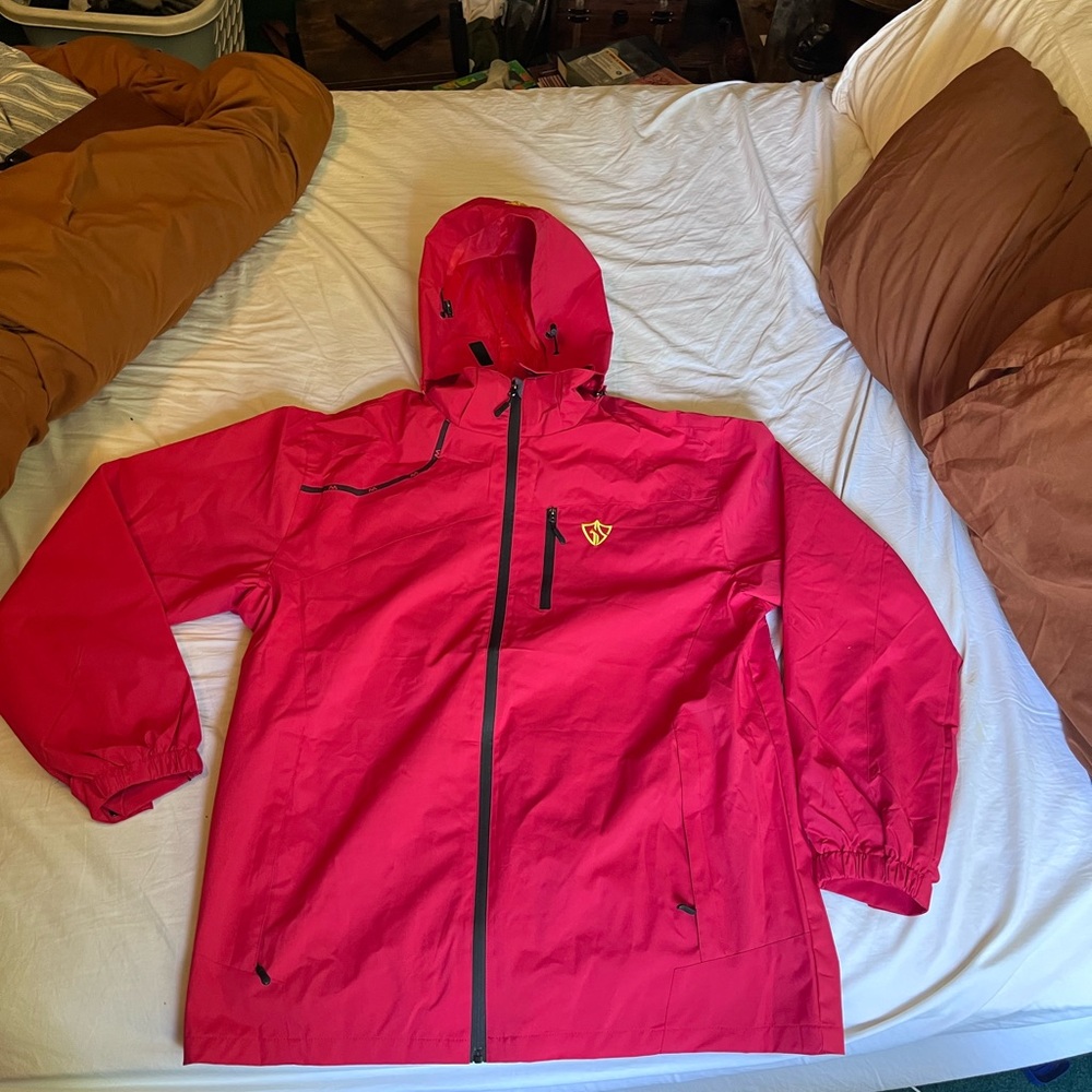 Red Hooded Rain Jacket with Chest Logo